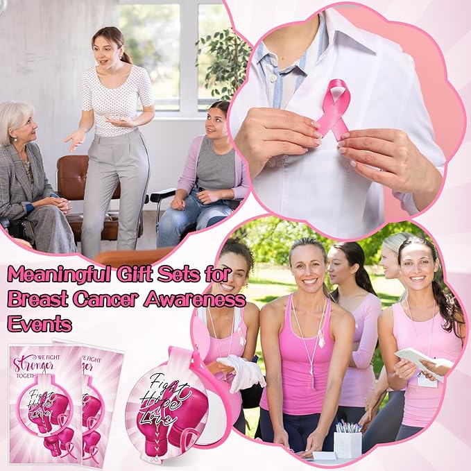 60 Sets Breast Cancer Awareness Gifts for Women Inspirational Folding Pocket Round Compact Mirrors with Motivational Cards Pink Ribbon Boxing Gloves Breast Cancer Survivor Gifts
