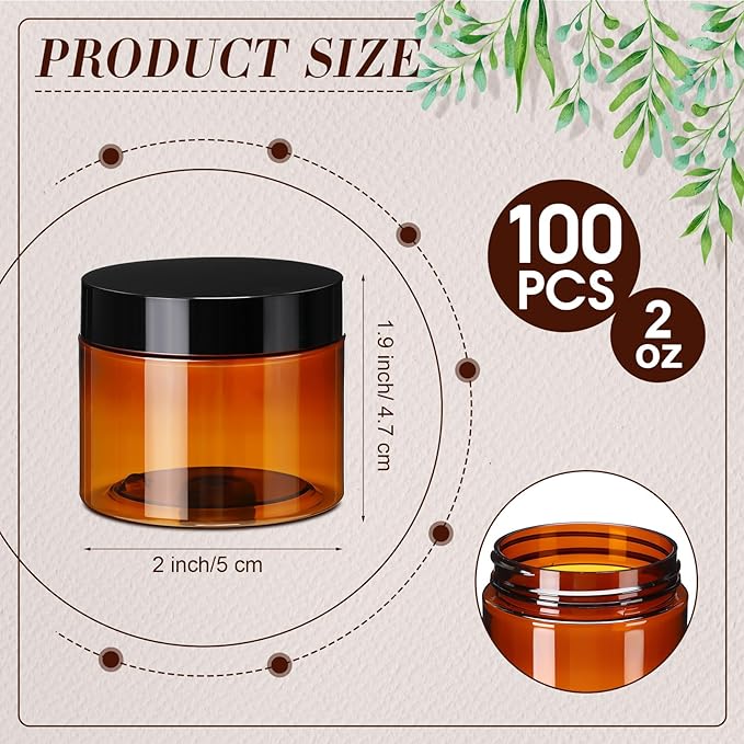 Tanlade 100 Pcs 2 oz Amber Plastic Cosmetic Jars with Lids Empty Leak Proof Container Refillable Cosmetic Jars Airtight for Cream, Lotion, Powder, Ointment, Beauty Products Travel Storage(Round)