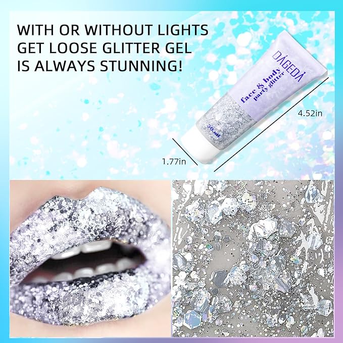 DAGEDA Body Glitter Gel, Body Sequins Shimmer Liquid Eyeshadow, Chunky Glitter for Face Hair Nails, Holographic Cosmetic Laser Powder Festival Glitter Makeup 50ml(Silver)