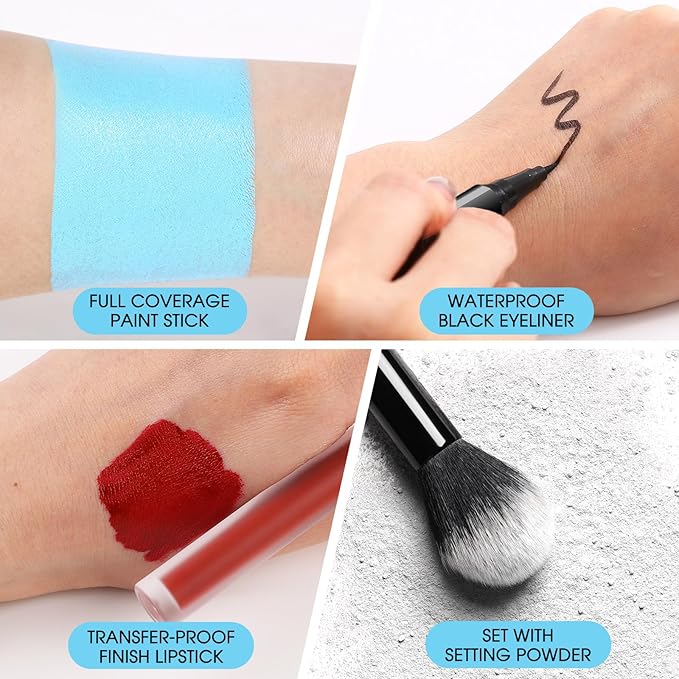 BOBISUKA Sally Halloween Makeup Kit- Light Blue Face Body Paint Stick with Red Lipstick, Black Eyeliner, Self-Adhesive Lashes, Setting Powder & Sponges Makeup Set For Avatar, Corpse Bride, Theme Party