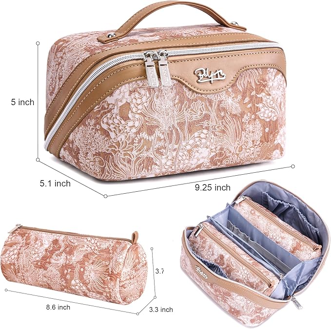 BOYATU Travel Makeup Bag for Women: Large Capacity Make up Bag with Compartments - Vegan Leather Cosmetic Bag set of 3 - Waterproof Toiletry Bag with Handle & Divider(D-05Orange)