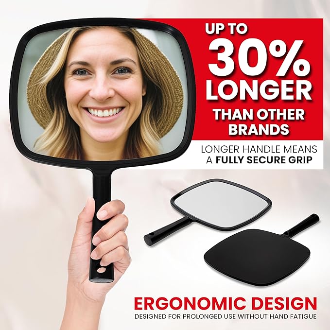 MIRRORVANA Hand Mirror with Ergonomic Handle - Handheld Mirror for Makeup, Home Haircuts, Dental and Barber Use, 8” x 11” (Black)
