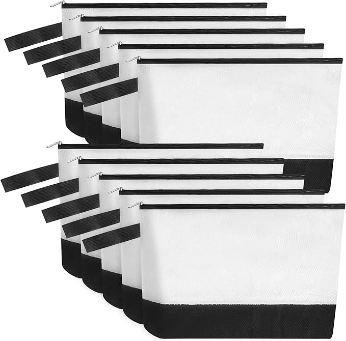 10 Pieces Cotton Canvas Makeup Bag with Bottom and Strap, Multi-Purpose Cosmetic Bag with Zipper Travel Toiletry Pouch, Blank DIY Craft Bag (White&Black, L)