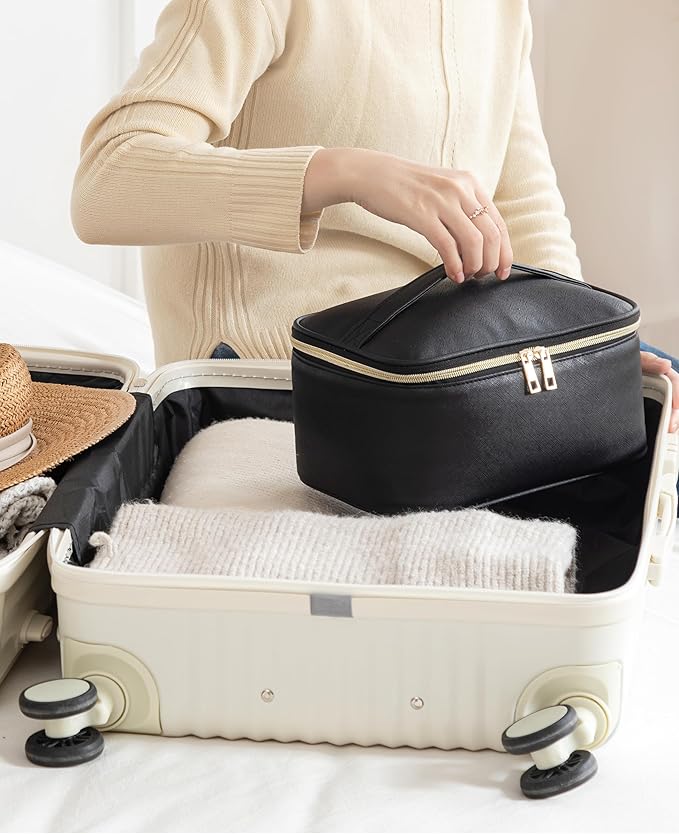 Large Travel Makeup Bag Organizer with Removable Dividers, Waterproof Leather Cosmetic Case, Black