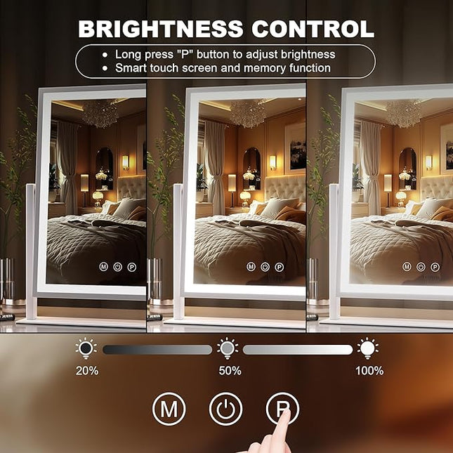 Hasipu Vanity Mirror with Lights, 12" x 14" LED Makeup Mirror, Light up Mirror with Smart Touch 3 Color Modes and Brightness Adjustment, 10X Magnifying Glass,360° Rotation