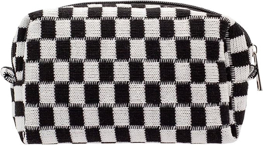 PAZIMIIK Checkered Makeup Bag for Purse Portable Zipper Make Up Pouch Small Cosmetic Case for Travel Accessories (Black)