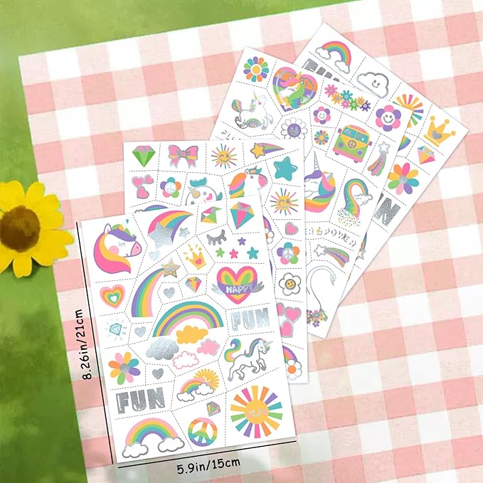 Unicorn Rainbow Temporary Tattoos for Kids, 118 Pcs Metallic Fake Tattoos | Unicorn Birthday Party Supplies Favor, Cute Rainbow Flower Design, 4 Sheets Bronzing Tattoos for Boy and Girls