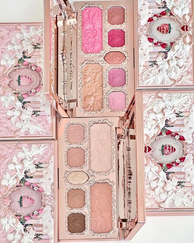 Flower Knows Strawberry Cupid Makeup Palette,Eyeshadow,Blush,Highlighting & Contour All-in-One Face Makeup Palette with 5 Matte+2 Shimmer Neutral Shades(01 Honey Canele,0.49 Oz)