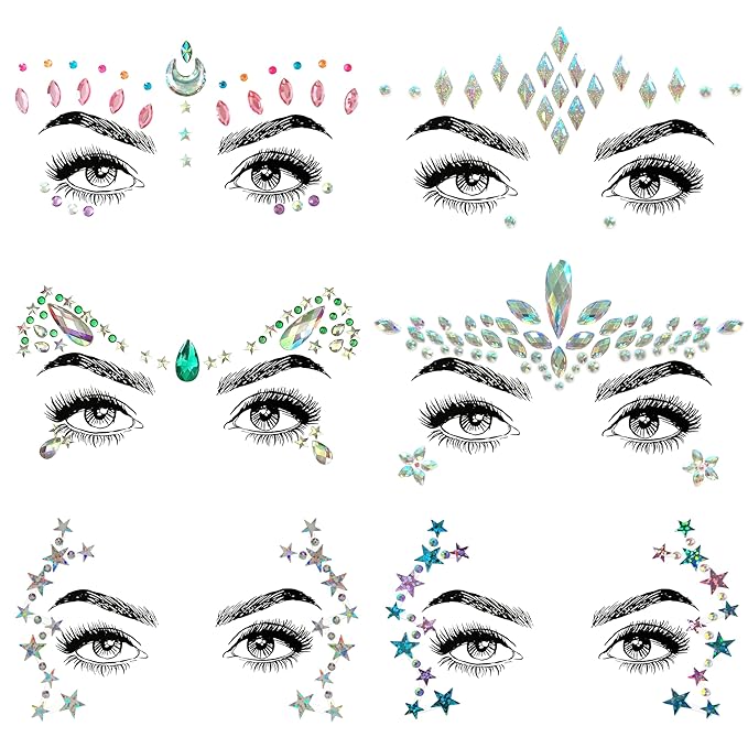 6 Pcs Music Festival Face Jewels, Rhinestone Rave Gems Glitter, Crystal Birthday Party Face Stickers, Eyes Body Temporary Tattoos