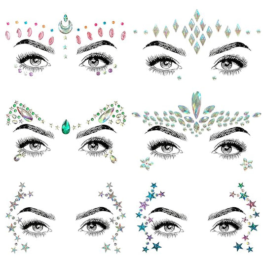 6 Pcs Music Festival Face Jewels, Rhinestone Rave Gems Glitter, Crystal Birthday Party Face Stickers, Eyes Body Temporary Tattoos