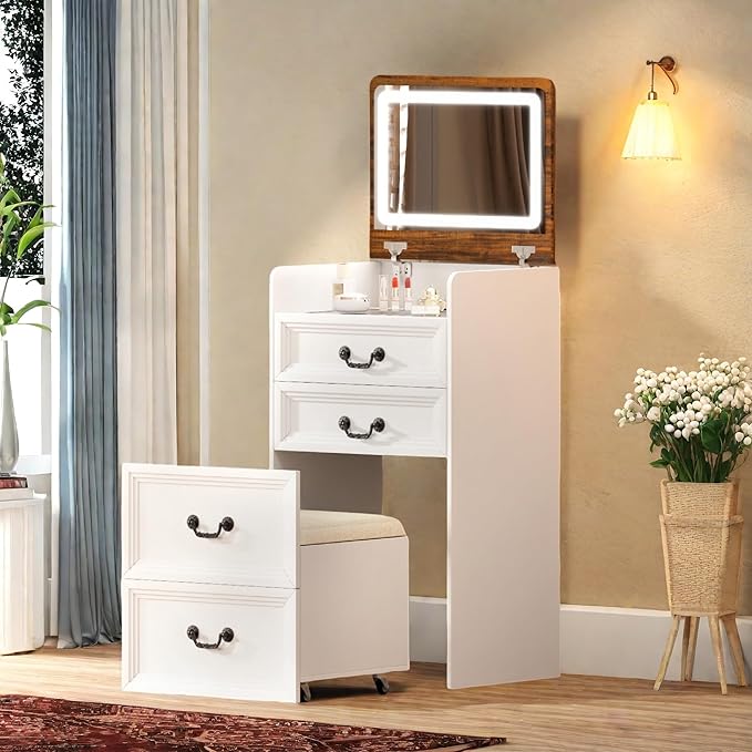 Makeup Vanity, 3-in-1 Vanity with Flip-Top Mirror, Visible Glass Desktop & 3-Color Lighting, 20'' Intelligent Makeup Desk with USB Charging Station & Hidden Storage Stool for Bedroom, White