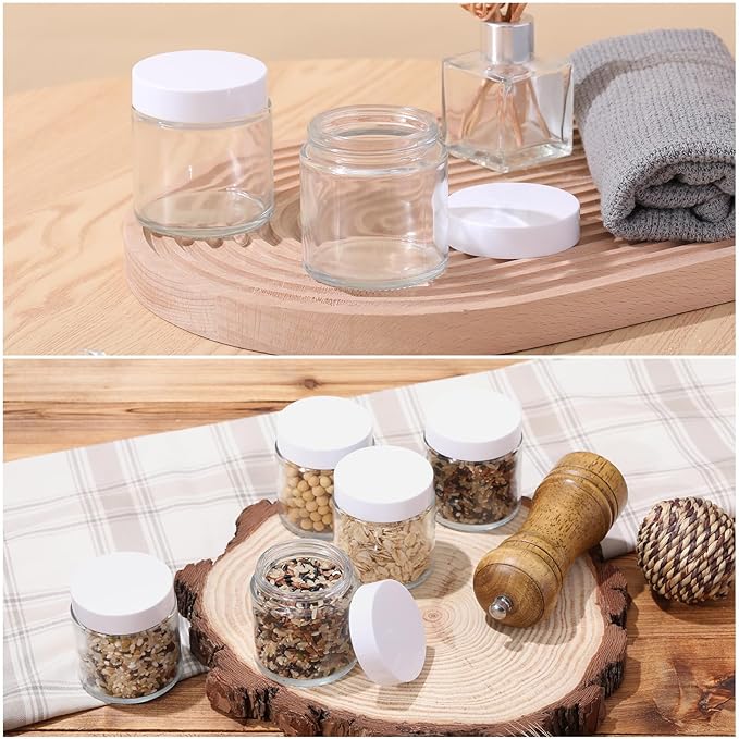 Norme 24 Pcs 4 oz Glass Jars with Lids Leakproof Round Airtight Empty Cosmetic Jars with Inner Liners Lid for Storing Lotions Powder Ointments Candle Making Tins (White,Clear)