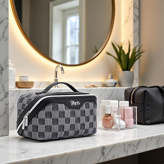 BOYATU Travel Makeup Bag for Women: Large Cosmetic Bag Set of 3 - PU Leather Make up Bag with Compartments - Compact Waterproof Toiletry Bag with Divider & Handle (C-02Black)