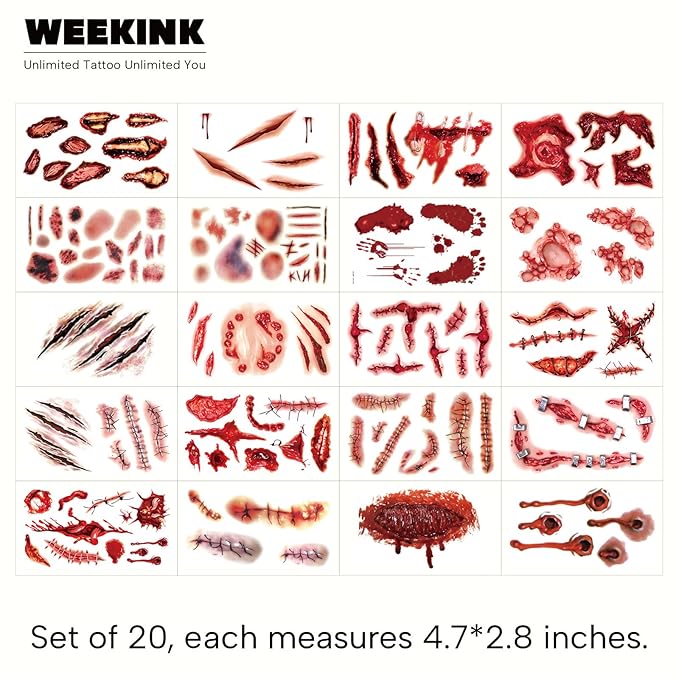 20 Sheets Halloween Scar Face Temporary Tattoos – Realistic Bloody Wounds, Stitches, Bruises & Scratch Fake Tattoos for Zombie Makeup, Scar Makeup, Bride of Chucky Costume, Cosplay