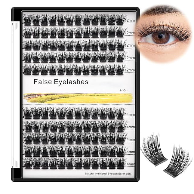 Bodermincer 120 Clusters 10mm+12mm/12mm+14mm/14mm+16mm Mixed Wide Cluster False Eyelash Individual Cluster EyeLashes Grafting Fake False Eyelashes Eyelash Extension (Black 12mm+14mm Mixed)