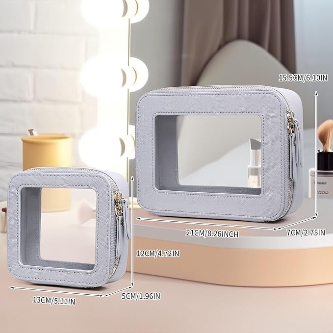 Pinkmik Clear Makeup Bag Waterproof Travel Case for Cosmetics and Toiletries Women's Purse Organizer and Clear Car Bag with Zipper (Gray, M+MINI)