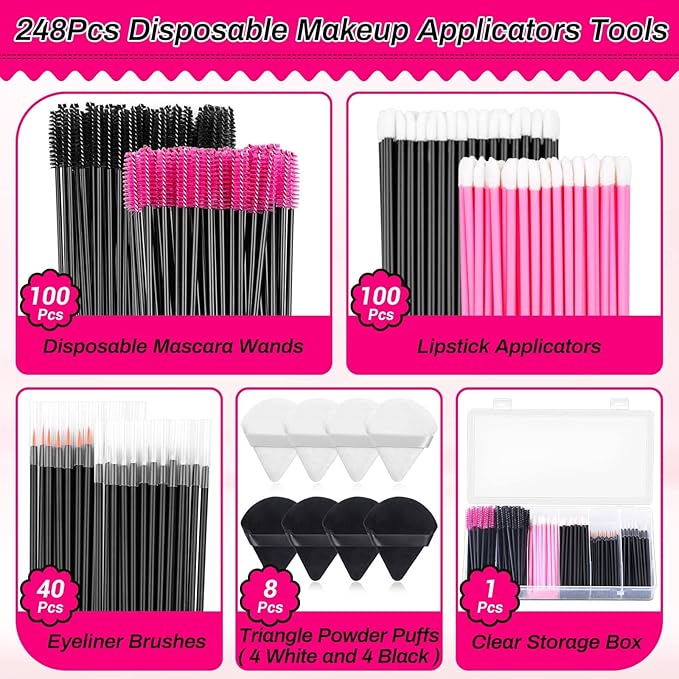 Disposable Makeup Accessories with Makeup Applicators Triangle Makeup Puffs, Mascara wands, Disposable Lip Applicators, liner Brushes Makeup Tools for Makeup Artist Supplies