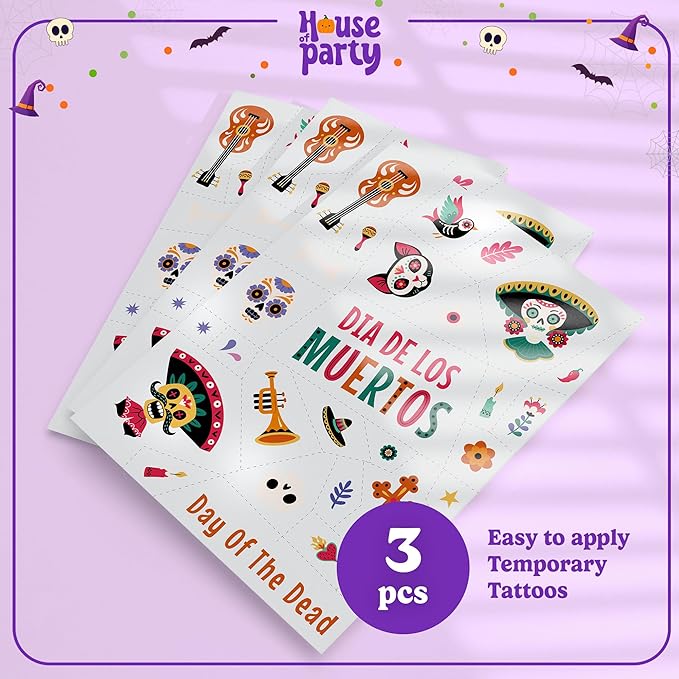 HOUSE OF PARTY Halloween Tattoos for Kids - Pack of 87 - Dia de los Muertos Tattoos for Kids - Non-Toxic Waterproof Stickers for Boys and Girls - Ideal for Halloween Party Favors and Decorations!