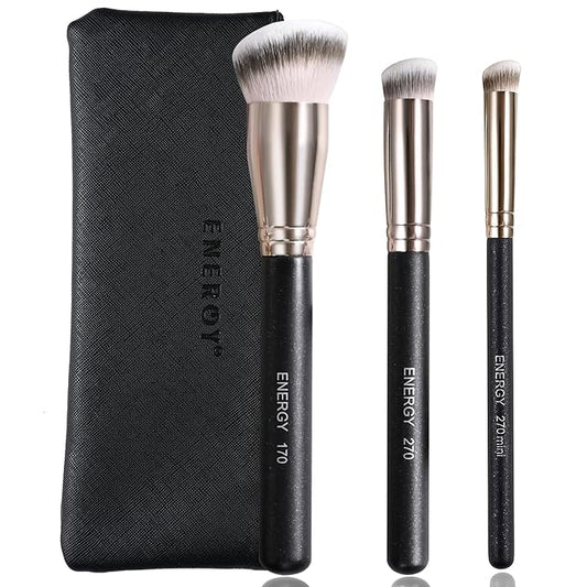 ENERGY Makeup Brush Set Professional 3pcs Foundation Concealer Detail Brushes Soft Synthetic Bristles Vegan Face Makeup Brushes for Liquid Cream Powder Flawless Blending Buffing with Travel Case
