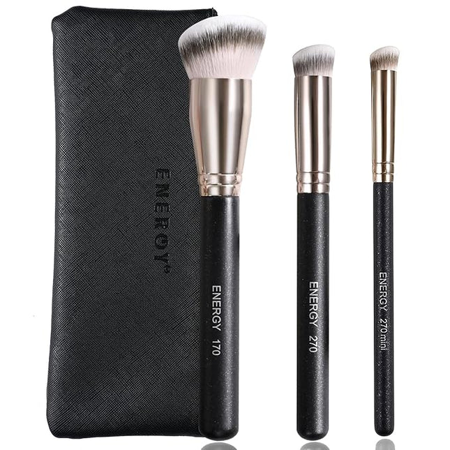 ENERGY Makeup Brush Set Professional 3pcs Foundation Concealer Detail Brushes Soft Synthetic Bristles Vegan Face Makeup Brushes for Liquid Cream Powder Flawless Blending Buffing with Travel Case