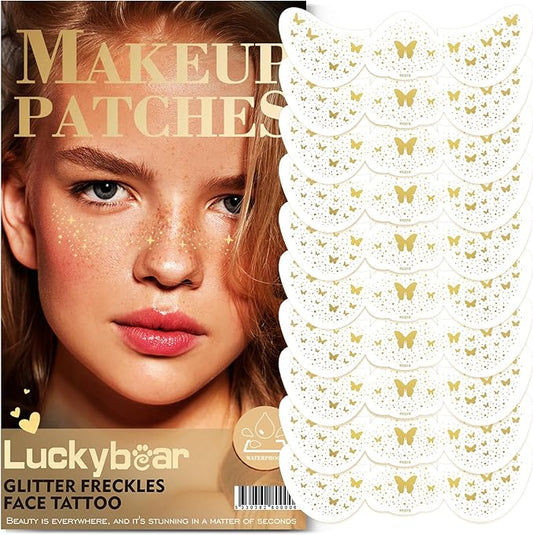Face Glitter Freckles, Gold Glitter Freckles Face Tattoo Makeup Patches, Butterfly Speckles Sparkle Freckles Beauty Face Waterproof Fake Freckle for Holiday Dance Music Party Makeup 10 Count