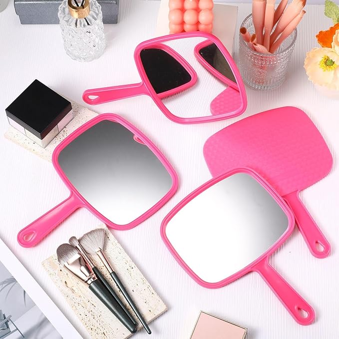 Geetery 12 Pcs Hand Held Mirrors with Handles Hand Makeup Mirrors Bulk Wall Mount for Women Cosmetic Bathroom Home Barber Salon Travel Portable Beauty School Gift, 6.69 x 9.45 Inch (Rose Red)