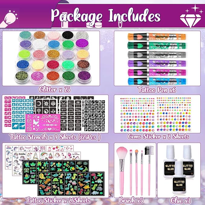 TEUVO Kids Glitter Tattoo Kit with 25 Colors, 225 Stencils, 6 Pens, 2 Rhinestone Sheets, 5Brushes, 3Glues, 20 Sheets Colorful & Glow-in-the-dark Mixed Temporary Tattoos Stickers for Halloween Birthday