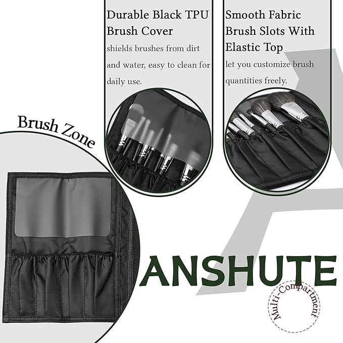 Travel-Ready Makeup Brush Organizer Bag Black - Multi - Zone 9.25 in × 16.2 in PU Leather Cosmetic Case, Makeup Brush Holder, Makeup Brush Case