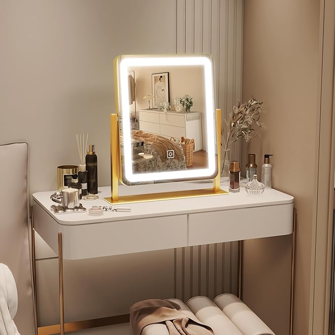 Gold Vanity Mirror with Lights, 15"x13" Lighted Makeup Mirror with Smart Touch, 3-Color Dimmable Lighting, 360° Rotation, Tabletop Mirror for Desk or Bedroom