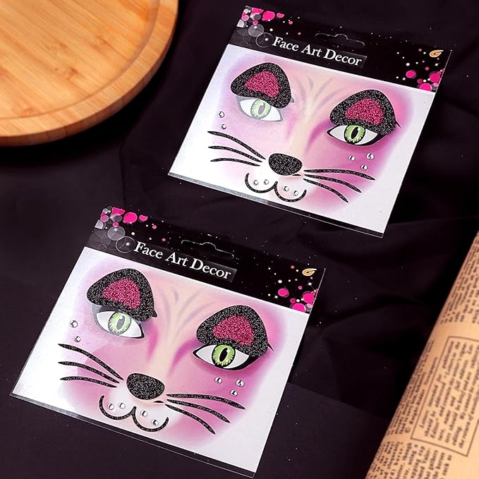 Face Stickers Gems Halloween Temporary Tattoo Sticker Animals Face Sticker Decal Body Face Self-adhesive Sticker Stage Makeup Party Cosplay Decoration 2pcs (cat)