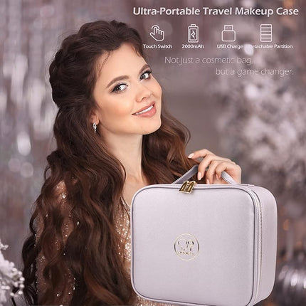 MOMIRA Travel Cosmetic Train Case with Lighted Mirror 3 Color Scenarios Cosmetic Bag Organizer with Adjustable Dividers Makeup Storage for Women, Makeup Accessories & Tools Case Violet Grey