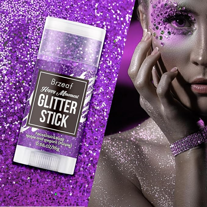 Brzeaf Waterproof Purple Glitter Stick, Not Greasy & Shimmery & Long Lasting, Chunky Glitter for Face/Body/Hair/Eyes, Singer Concert Music Halloween Rave Festival, Glitter Stick Makeup for Women Men