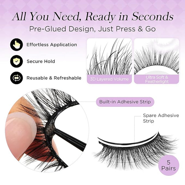 BEYELIAN Self Adhesive Eyelashes Reusable Press on Lashes, Pre Glued Eyelashes No Glue Need, Wispy Lash Natural Look Faux Mink False Eyelashes 5 Pairs ZCV-154