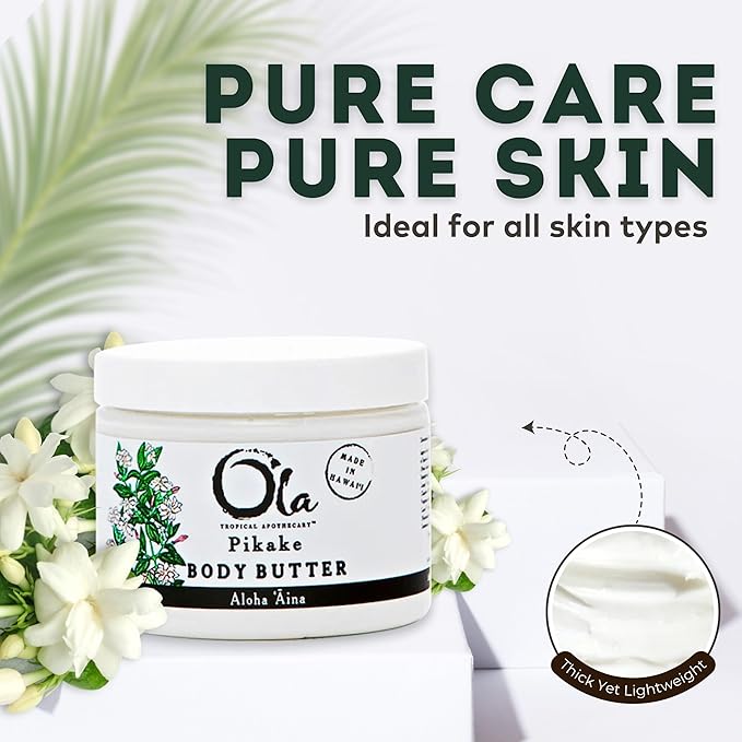 OLA Pikake Body Butter - Nourishing Cream with Organic Coconut Oil, Macadamia Nut and Avocado Butter - Ideal for Dry Skin - 2.1oz