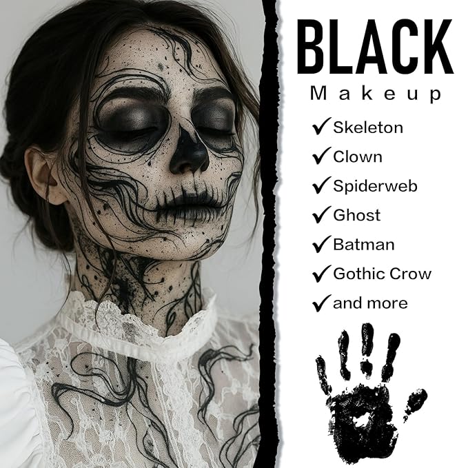 BOBISUKA Black Face Body Paint, Water-Based Face Painting Kit & Body Paints, Kids Adults Facepaint for Halloween Clown Goth Skeleton Skull SFX Makeup, Costume Cosplay Party Art Theater & Stage