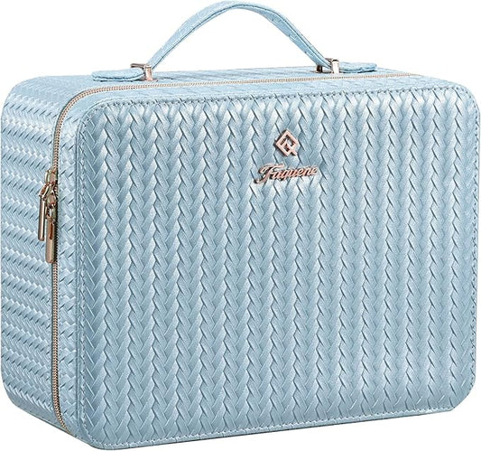 Leather Makeup Case with LED Lighted Mirror 11.4 Inch Travel Makeup Bag Adjustable Brightness in 3 Colors Cosmetic Organizer Artist Storage Bag with Dividers Brush Holder Bag Vanity Shiny Blue