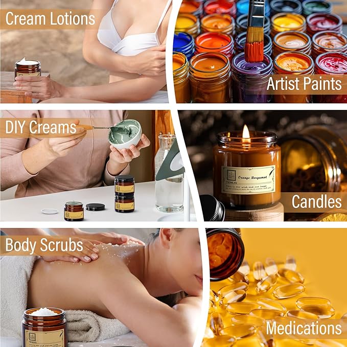 4 oz Glass Jars with Lids,Amber,12 Pack Empty Cosmetic Containers with Inner lids and Inner Liners,Black Metal Lids,Refillable Round Airtight Jars,Use to store Lotion,Powders,Candle Making