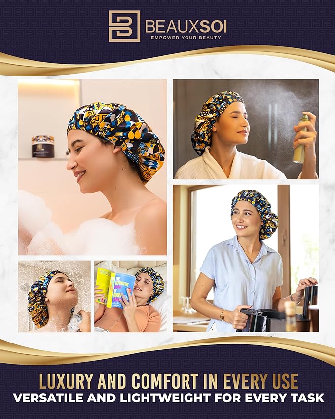 Luxury Reusable Waterproof Shower Cap for Women - Satin Lined, Adjustable - Keeps Hair Dry, Durable Hair Bonnet by BEAUXSOI (African Majesty)