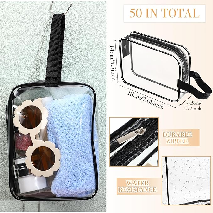 Silkfly Clear Toiletry Bag PVC Travel Cosmetic Bag with Handle Strap Makeup Pouch with Zipper Summer Vacation Salon Graduation Gift End of the Year Gifts(Black,50 Pack)