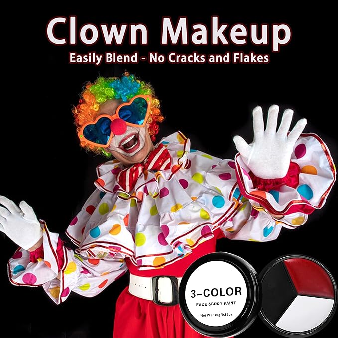 EBaokuup 3 Set Black White Red Face body Paint,3 Colors Clown Makeup Kit with Sponge and Brush,Joker Face Body Paint for Halloween Cosplay,Special Effect Makeup and Costume-Themed Party