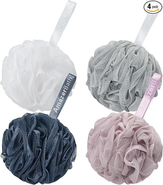 AmazerBath Loofah Sponge 60g/Piece, Exfoliating Bath Sponge Body Scrubber - Loofa Set of 4 Grey Blue-Pink-Grey-White