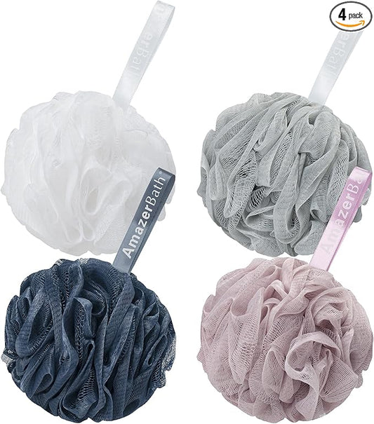 AmazerBath Loofah Sponge 60g/Piece, Exfoliating Bath Sponge Body Scrubber - Loofa Set of 4 Grey Blue-Pink-Grey-White