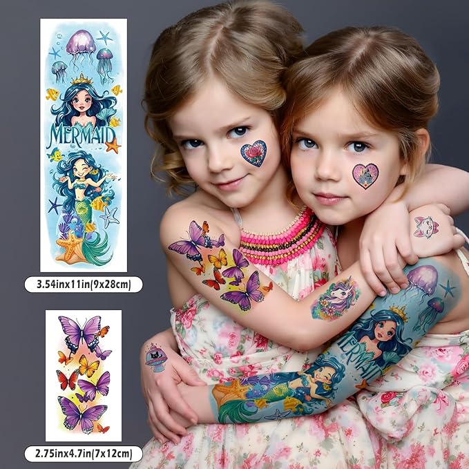52 Sheets Kids Temporary Tattoos, Full Arm Sleeve Dinosaurs Monster Car Space Fake Tattoos for Boys, Mermaid Unicorn Butterflies Face Body Stickers for Girls Birthday Gifts Party Supplies