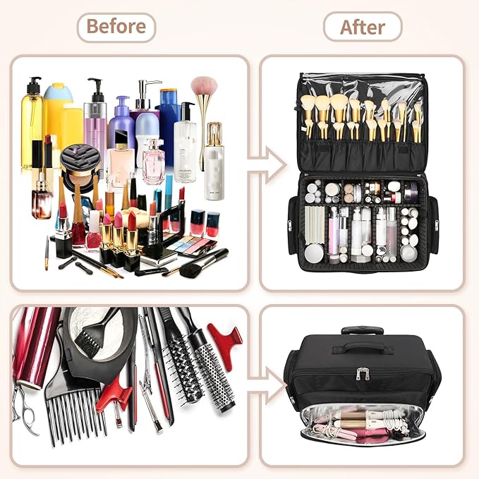 Large Rolling Makeup Case，Professional Makeup Artist Bag with 4 Small Bag Makeup Case, Adjustable Dividers, Portable Travel Supply Station for Cosmetics Storage Organizer Trolley Suitcase Makeup Cart