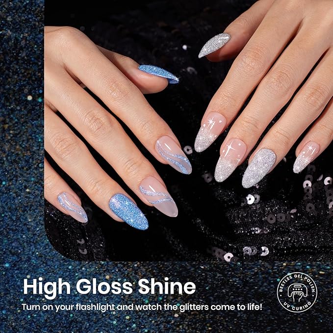 Beetles Reflective Glitter Halloween Gel Nail Polish Kit 6 Colors Holographic Gel Polish Sparkle Flash Dimond Sliver Gold Soak Off UV LED Manicure Gift for Women Girls Midnight Sparkling