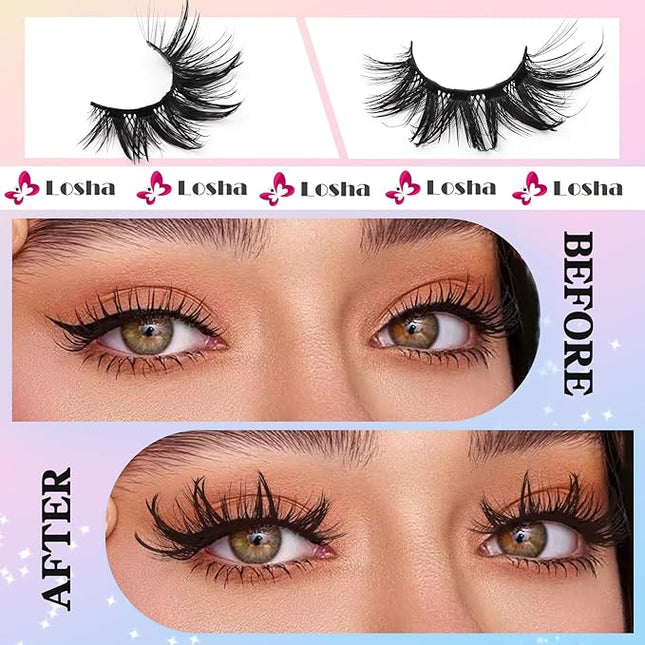 Losha 22mm Lashes Fluffy Eyelashes 3D Dramatic Long False Eyelashes Wet Look Manga Lashes Wispy Volume Faux Mink Lashes Cat Eye Lashes Soft Anime Fake Eyelashes 4 Pairs (Bold)