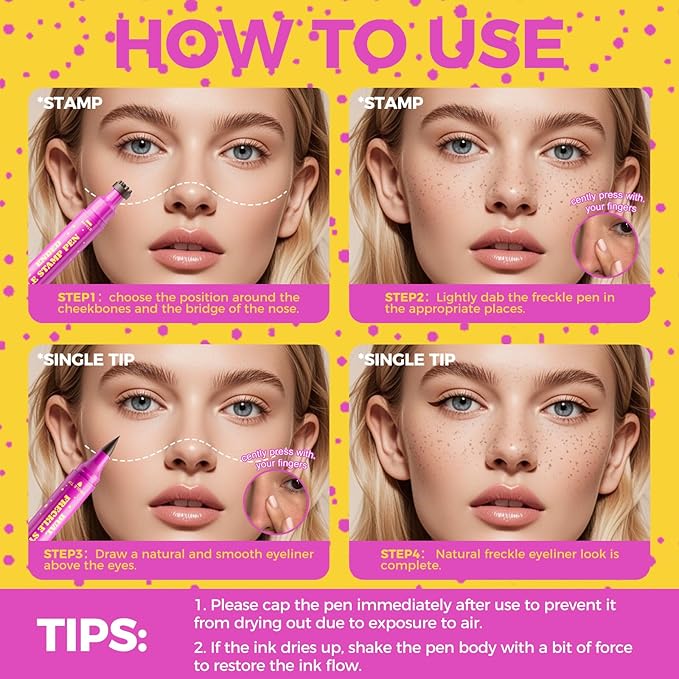 3-in-1 Freckle Pen Stamp & Eyeliner, Dual Ended Liquid Freckles Pencil for Natural Lifelike Faux Freckle, Waterproof Long Lasting Quick Dry, Sunkissed Makeup, 02 Mousy Brown