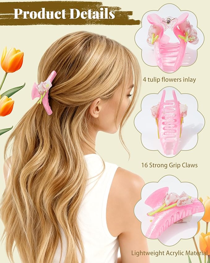 ACECHA Tulip Flower Acrylic Hair Clip Set, 6 Piece Large Claw Clips & No Crease Hair Clips for Thin and Thick，Non-Slip Hair Grip Hairclips for Makeup, Salon, Strong Hold Jaw Clamps (Pink & Green)