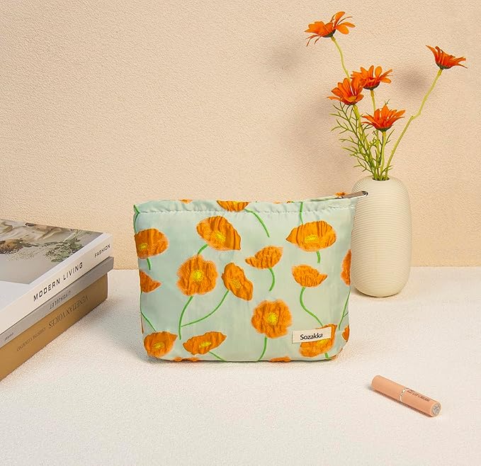 2 Pcs Makeup Bags, Large Cosmetic Bag Travel Toiletry Bag Organizer for Women, Embroidery Craft, Floral Makeup Bag Small Cosmetic Pouch Purse with Zipper Gifts for Girls Teen