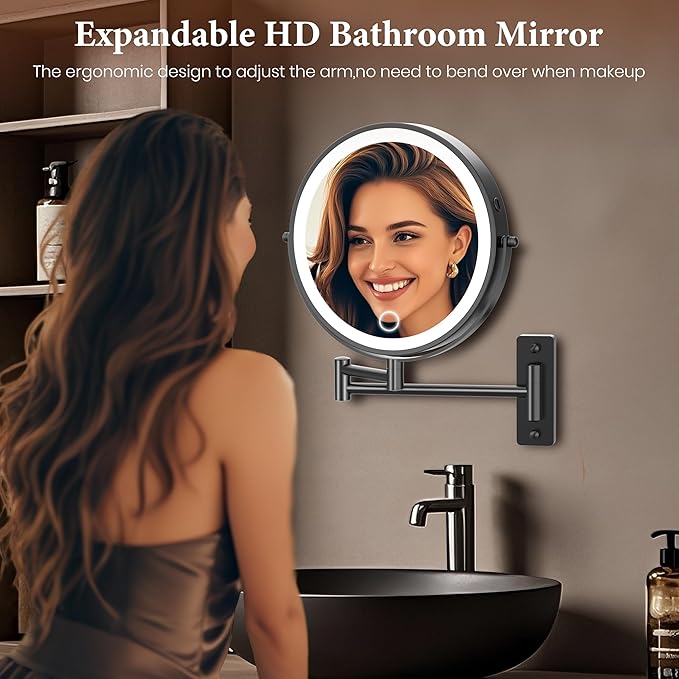 Large Wall Mounted Lighted Makeup Mirror Black Nickel, 1X/20X Magnifying Mirror with 3 Color Light, LED Lights Dimmable 5000mAh Rechargeable Wall Mount Makeup Mirror, 360° Swivel 17 Inch for Bathroom